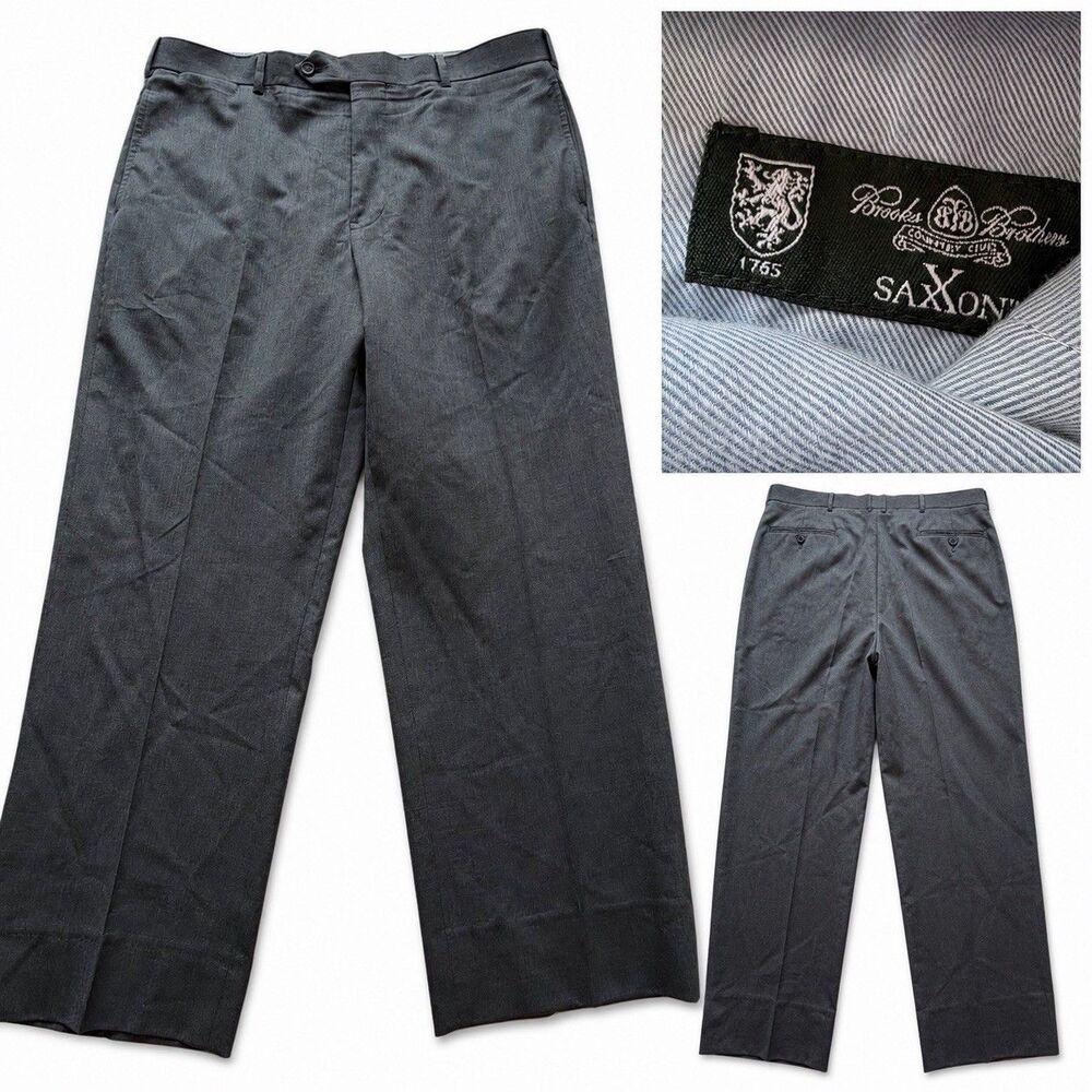 Brooks Brothers Saxxon 1818 Gray Wool Dress Pants Mens 36x27 USA Pleated